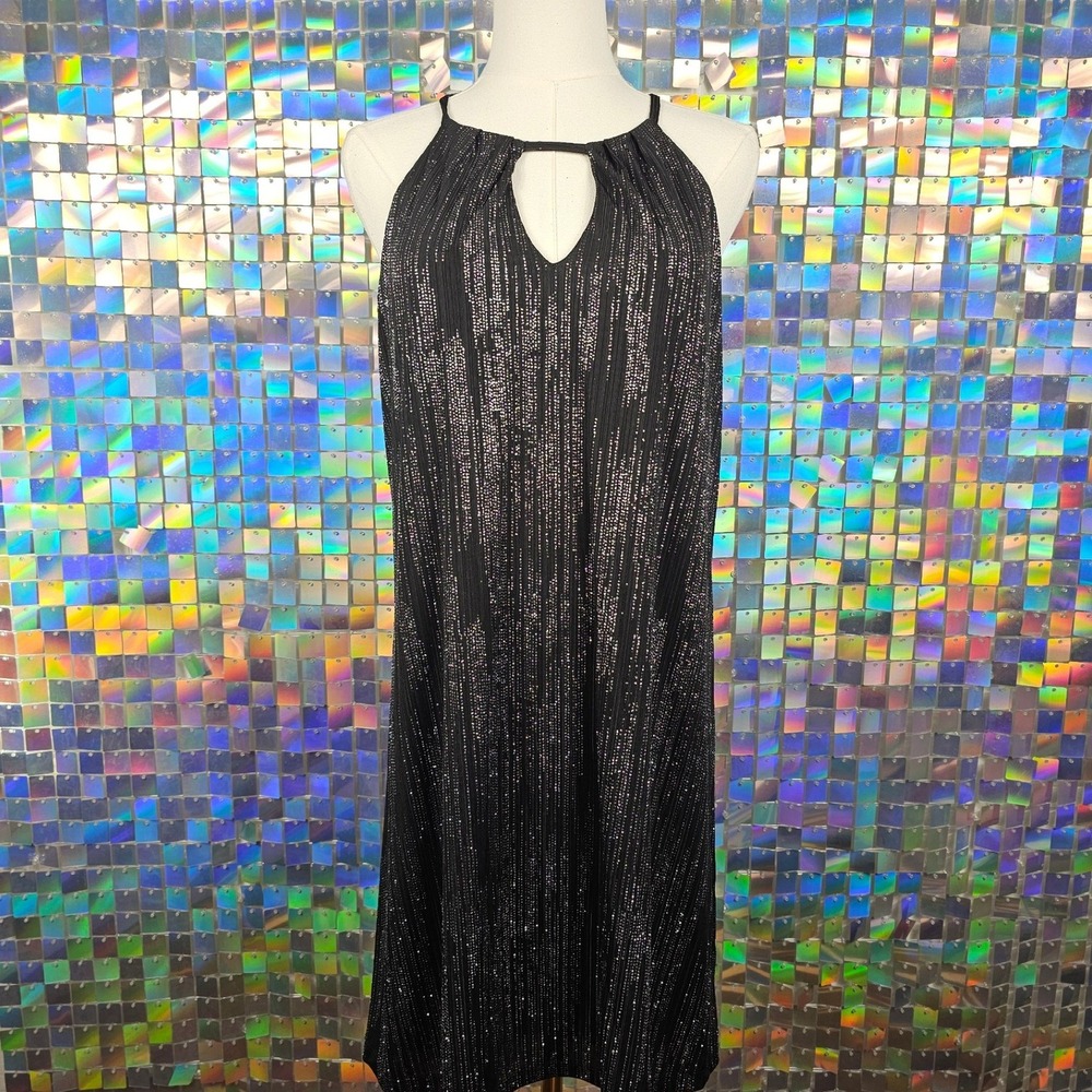 Candie's Metallic Silver Pinstripe Halter Keyhole Shift Dress Black‎ Large